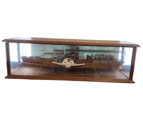 A large wooden and glass cased model of a Norweigan Paddle Boat, 97cm Long