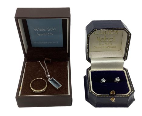 A 9ct gold diamond and aquamarine ring together with an aquamarine pendant and earstuds. 