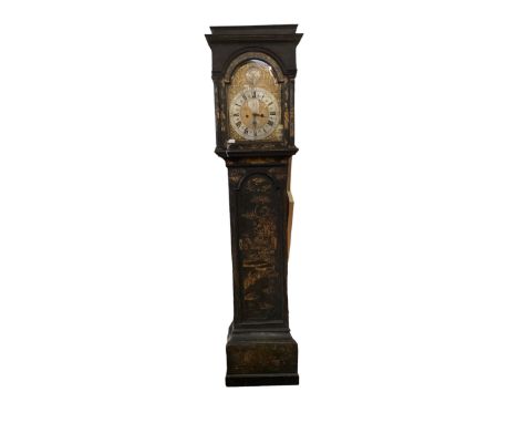 Long case clock, lacquered chinoisserie, in need of work, brass dial, silver chapter ring, 8 day, movement by Jonathan Thornt