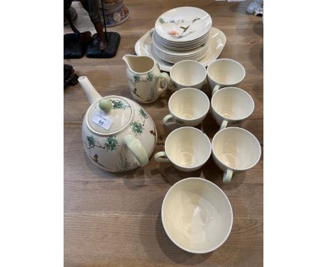 Royal Doulton The Coppice, pheasant pattern tea service, some wear, crack to cup and the odd chip, see images 