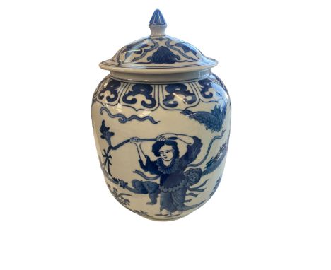 Chinese blue and white ginger jar, 6 character qing mark in under glazed blue to base in double blue circle 26 cm H and Mixed