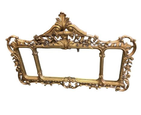 A decorative three panelled over mantle mirror, with scrolling leaf design to frame; 128cm wide overall x 88cm High overall i