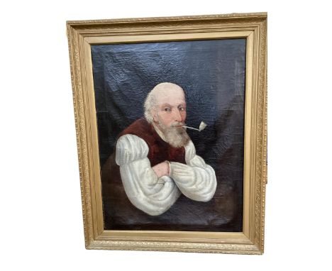 Early C19th, oil on canvas, half portrait of gentleman smoking a clay pipe,  framed, some minor damage 
