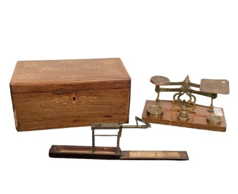 A set of vintage scales, and a wooden tea caddy, see images for condition 