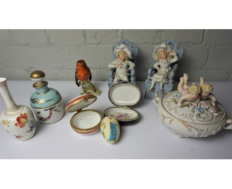 Quantity of Decorative Porcelain and China, To include Figures, Limoges Scent Bottle, Majolica Wall Pocket, Inkwell, Small Cl