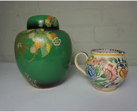 Poole Jug, Having a Coral underside, 12cm high, Also with a Carlton Ware Verte Royale Oviform Vase with Cover, (2)