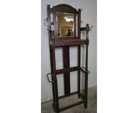 Oak Hallstand, Having a Mirrored section to the top, With Fitted Metal Pegs and Stick Rails, 194cm high, 79cm wide