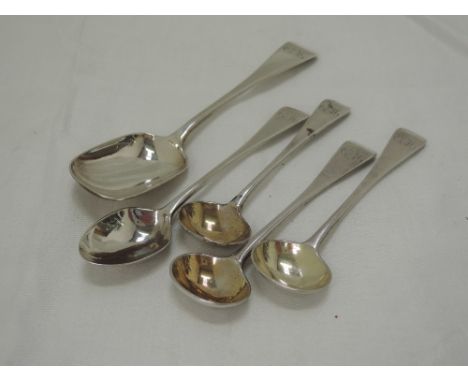 Three Victorian silver salt spoons, a caddy spoon and coffee spoon, all having monogram to terminals, London 1857, Chawner & 