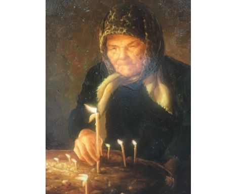 An oil painting, R Wilson, reproduction, Old lady with birthday cake, indistinctly signed  15'x11'