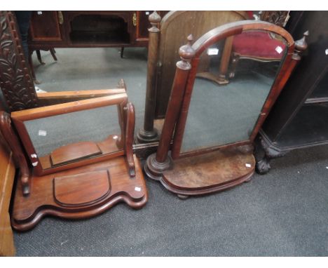 A vintage mahogany toilet/swing mirror having finial pillar support and shaped base and a Victorian mahogany toilet mirror fr