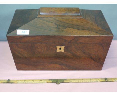 An early 19th century mahogany tea caddy of sarcophagus shape having fitted interior and bun feet