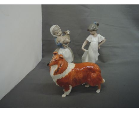 A Beswick study, Collie 1791 and two Nao figurines Girl with lamb and Girl dancing