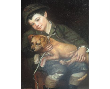 A textured picture on board, R Watson, reproduction, Boy with dog,  7'x5'