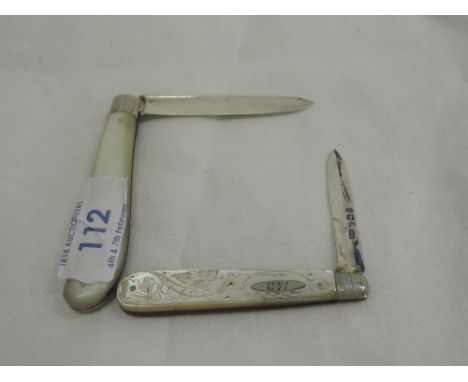 A folding fruit knife having mother of pearl handle with plain cartouche and engraved silver blade, Sheffield 1891, John Yeom