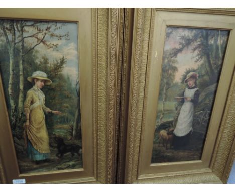 A pair of oil paintings, W R Seel, Victorian ladies in woodland with dogs, signed and dated (18)83 each 18'x7.5'