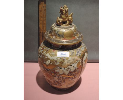 A Satsuma lidded jar, late 19th century having dog of fo finial with typical pictorial decorative bulbous body