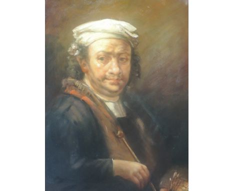 A textured picture, R Wilson, Rembrandt reproduction, indistinctly signed,  30'x19'