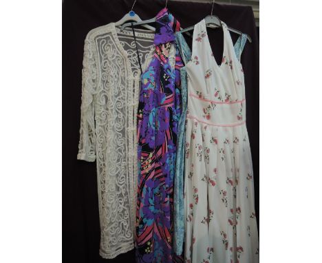 Four pieces of vintage ladies cruise wear  including halter neck dress by Mary Hames, halter neck trouser jumpsuit in psyched