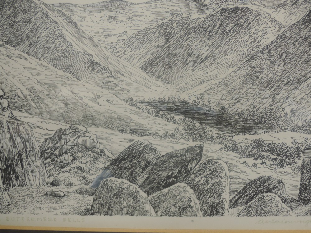 A Wainwright pen and ink sketch, The Buttermere Fells, signed