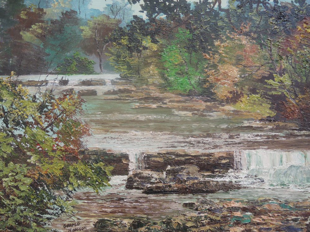 A painting on board, Gerald Hodgson, Aysgarth Falls, signed, 15'x23'