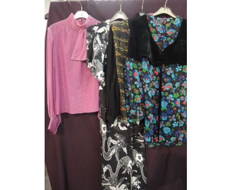 Four pieces of vintage ladies clothing including black velvet turquoise floral tunic by Alan Kodie Designs, black blouse and 