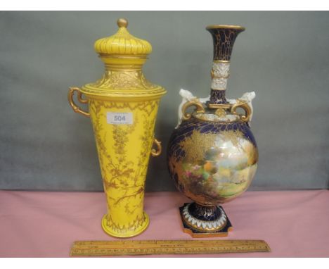 A Royal Crown Derby lidded urn of gilt heightened jeune yellow ground decoration having naturalistic decoration date code 189