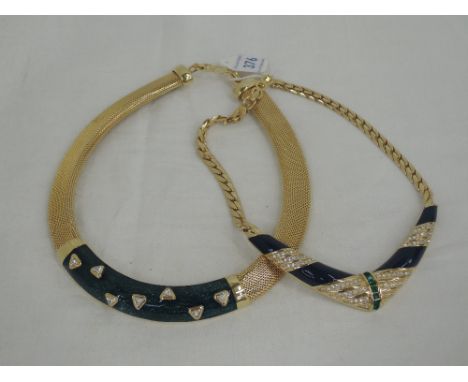 A 1980's collarette necklace by Christian Dior having a central green enamelled panel with diamante decoration and a another 