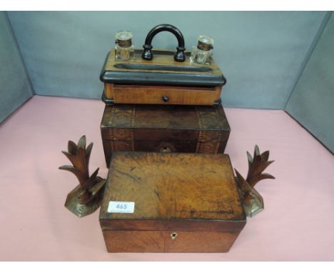 A selection of treen including 19th century stationery drawer, a Tunbridgeware box, a 19th century tea caddy etc