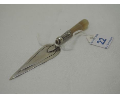 A small white metal bookmark stamped silver in the form of a trowel having  ring agate handle, makers mark G & N