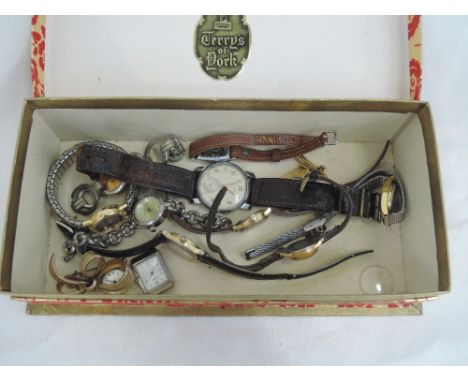 A vintage Terry's chocolate box containing a selection of wrist watches including Mimo, brooch watch by Prescott etc