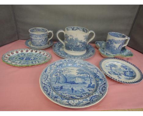 A selection of 19th century blue and white including Spode plate in the Tower pattern, transfer prints mugs, loving cup, plat