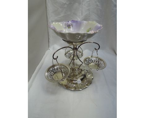 A silver plated table centre having a central German ceramic bowl by Silesia with violet & lily of the valley decoration, and