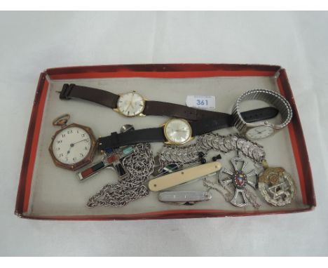 A selection of costume jewellery including three gents vintage wrist watches, a Celtic cross with enamelled centre, maker PG,