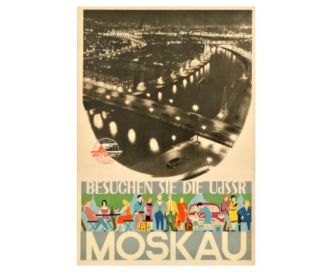 Original vintage travel advertising poster for Intourist, the Soviet state travel agency: Besuchen sie die UdSSr Moskau (Visi