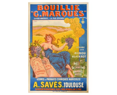 Original vintage food advertising poster for Bouillie G. Marques instant porridge featuring an image of a lady holding up a b