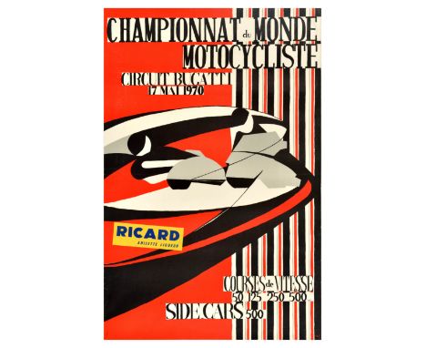 Original vintage motor sport poster for Championnat du Monde Motocycliste / World Motorcycling Championship on Bugatti Circui
