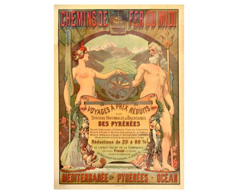 Original antique travel advertising poster for Chemins de fer du Midi railways advertising discounted trips to winter resorts
