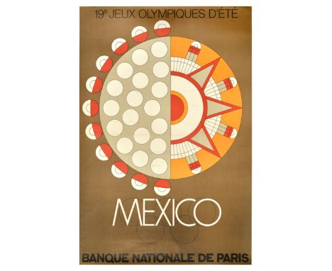 Original vintage sport poster for the Games of the XIX Olympiad in Mexico featuring a great design drawn by Eduardo Terrazas 