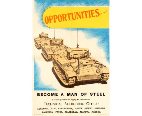 Original vintage rare Indian army recruitment poster - Opportunities / Become a Man of Steel / For full particulars apply to 