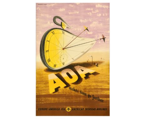 Original vintage travel advertising poster for American Overseas Airlines - AOA Makes TIme Go Faster - designed by the notabl