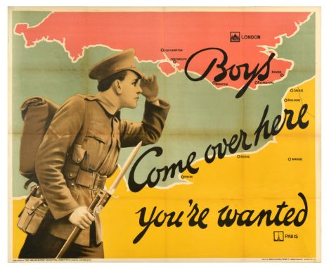 Original antique World War One recruitment poster encouraging men to enlist in the army and fight the war in France: Boys Com