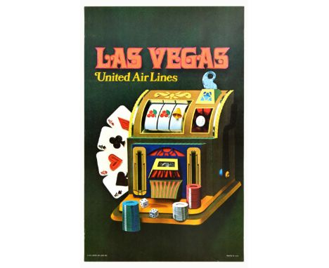 Original vintage travel advertising poster for Las Vegas by United Air Lines featuring a casino-themed illustration with card