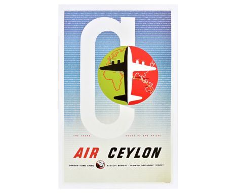 Set of five travel poster reproductions.  1. Air Ceylon featuring an illustration of a large letter C with a plane set over a