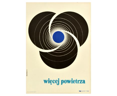 Original vintage poster Wiecej Powietrza / More Air featuring a design of round shapes in black with white circles around a b