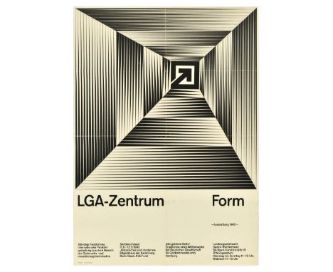 Original vintage advertising poster for LGA Zentrum Form Exhibition in 1965, featuring a graphic illusion in black and white 