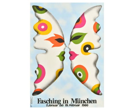 Original vintage advertising poster for Fasching in Munchen carnival from 7 January to 19 February 1980, the poster features 