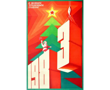 Original vintage Soviet propaganda poster - Happy New Labour Year! 1983 - featuring a great image of a worker in a coat and h