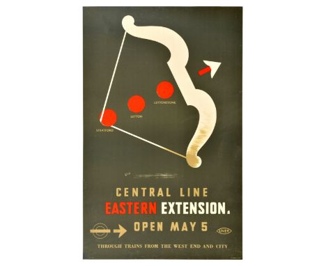 Original vintage London Transport travel advertising poster for the London Underground Central Line Eastern Extension open Ma