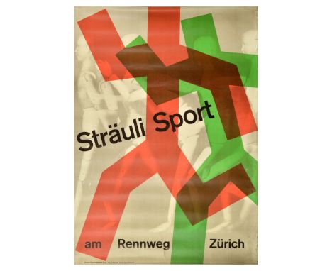 Original vintage advertising poster Strauli Sport at Rennweg Zurich clothing shop featuring two red and green silhouettes run