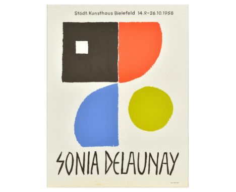 Original vintage advertising poster for Sonia Delaunay exhibition at Stadt Kunsthaus Bielefeld museum featuring an abstract i